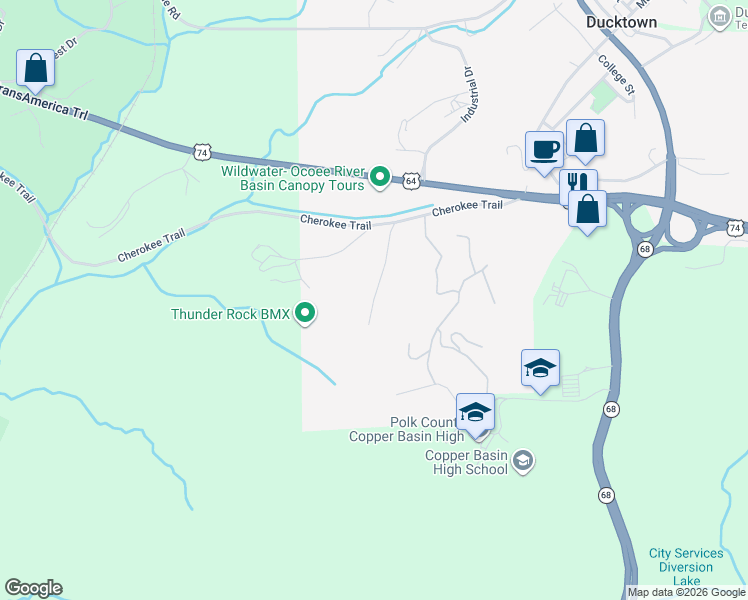 map of restaurants, bars, coffee shops, grocery stores, and more near 137 Pineview Lane in Copperhill