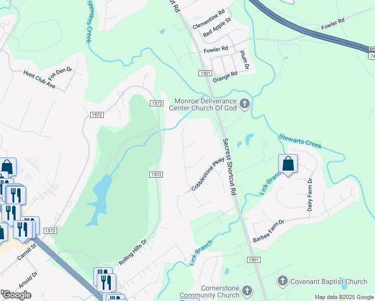 map of restaurants, bars, coffee shops, grocery stores, and more near 1409 Kent Court in Monroe