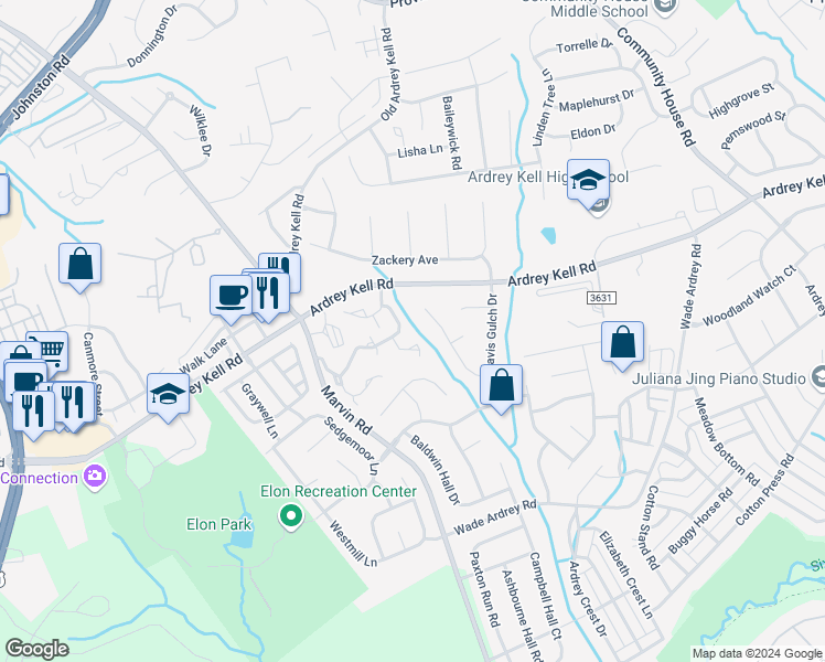 map of restaurants, bars, coffee shops, grocery stores, and more near 16665 Commons Creek Drive in Charlotte