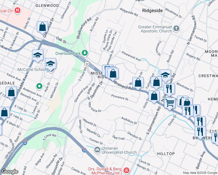 map of restaurants, bars, coffee shops, grocery stores, and more near 3212 Rosemont Drive in Chattanooga