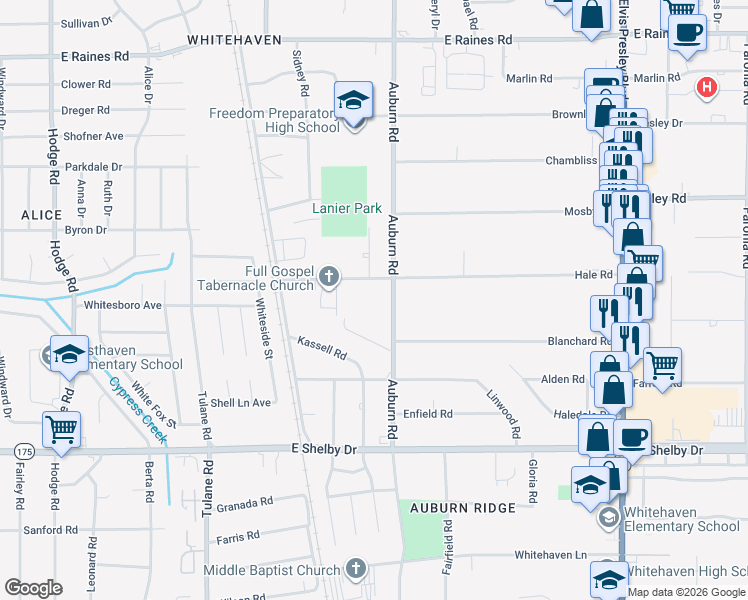 map of restaurants, bars, coffee shops, grocery stores, and more near 843 Hale Road in Memphis