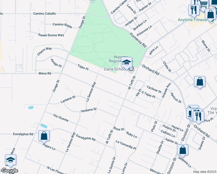 map of restaurants, bars, coffee shops, grocery stores, and more near 210 Mesa Road in Nipomo