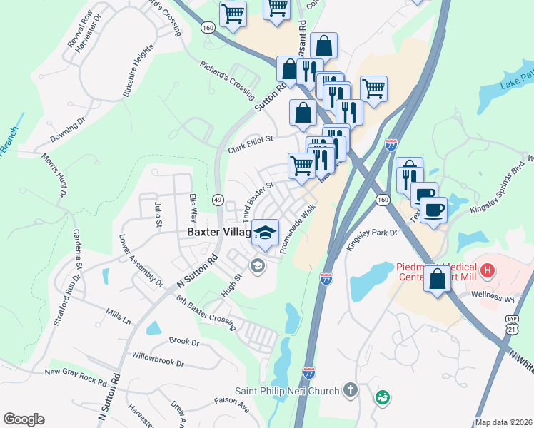 map of restaurants, bars, coffee shops, grocery stores, and more near 425 Bull Finch Bend in Fort Mill