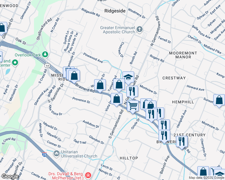 map of restaurants, bars, coffee shops, grocery stores, and more near 18 Tunnel Boulevard in Chattanooga