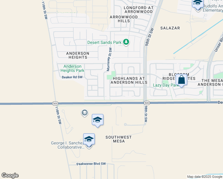 map of restaurants, bars, coffee shops, grocery stores, and more near 3300 Rio Largo Drive Southwest in Albuquerque