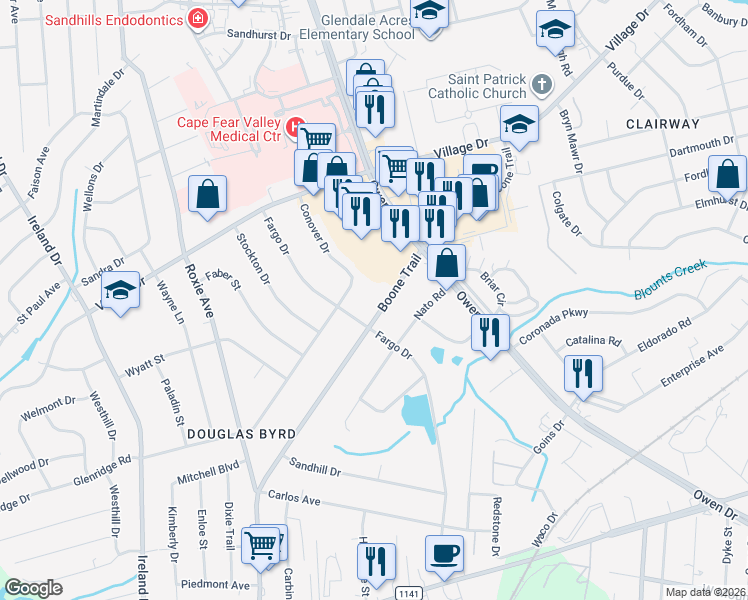 map of restaurants, bars, coffee shops, grocery stores, and more near 3202 Boone Trail in Fayetteville