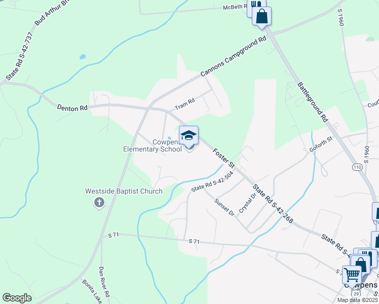 map of restaurants, bars, coffee shops, grocery stores, and more near 341 Foster Street in Cowpens