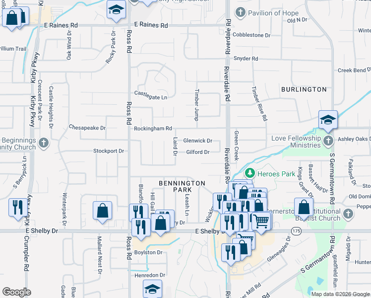 map of restaurants, bars, coffee shops, grocery stores, and more near 6847 Glenwick Drive in Memphis