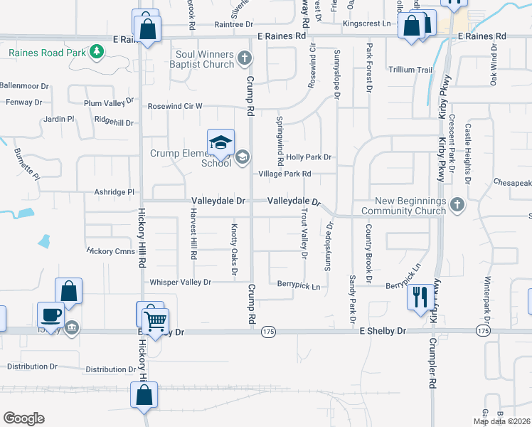 map of restaurants, bars, coffee shops, grocery stores, and more near 6131 Valleydale Drive in Memphis