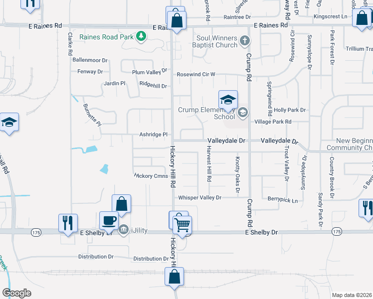 map of restaurants, bars, coffee shops, grocery stores, and more near 5947 Valleydale Drive in Memphis