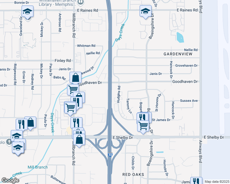 map of restaurants, bars, coffee shops, grocery stores, and more near 4475 Hudgins Road in Memphis