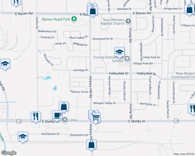 map of restaurants, bars, coffee shops, grocery stores, and more near 5947 Valleydale Drive in Memphis