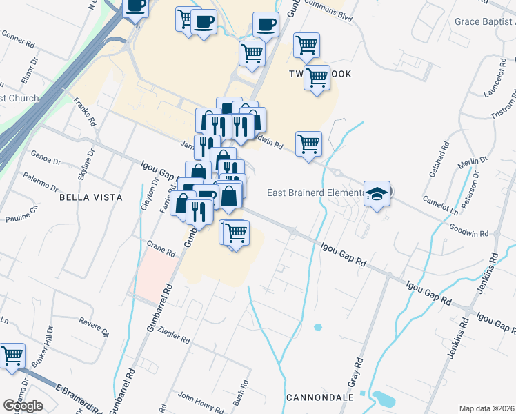 map of restaurants, bars, coffee shops, grocery stores, and more near 7415 Igou Gap Road in Chattanooga