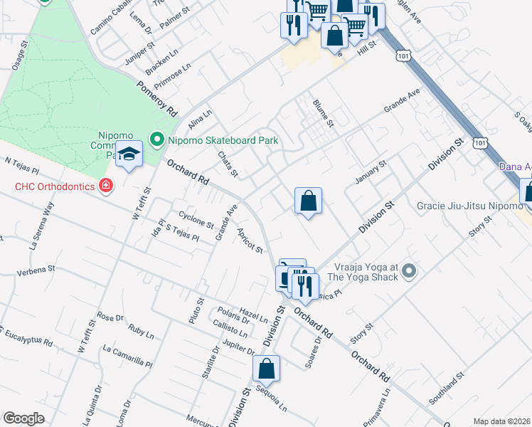 map of restaurants, bars, coffee shops, grocery stores, and more near 890 Peregrine Lane in Nipomo