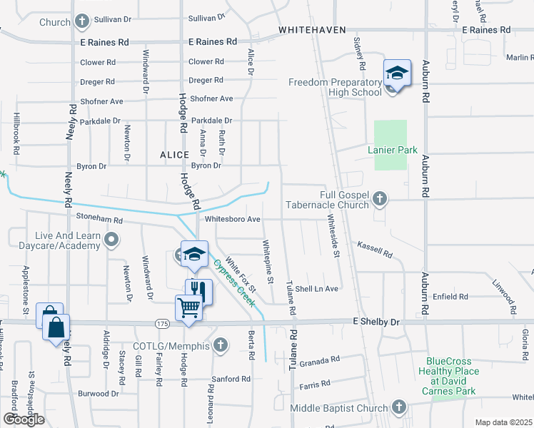 map of restaurants, bars, coffee shops, grocery stores, and more near 4488 Whitepine Cove in Memphis