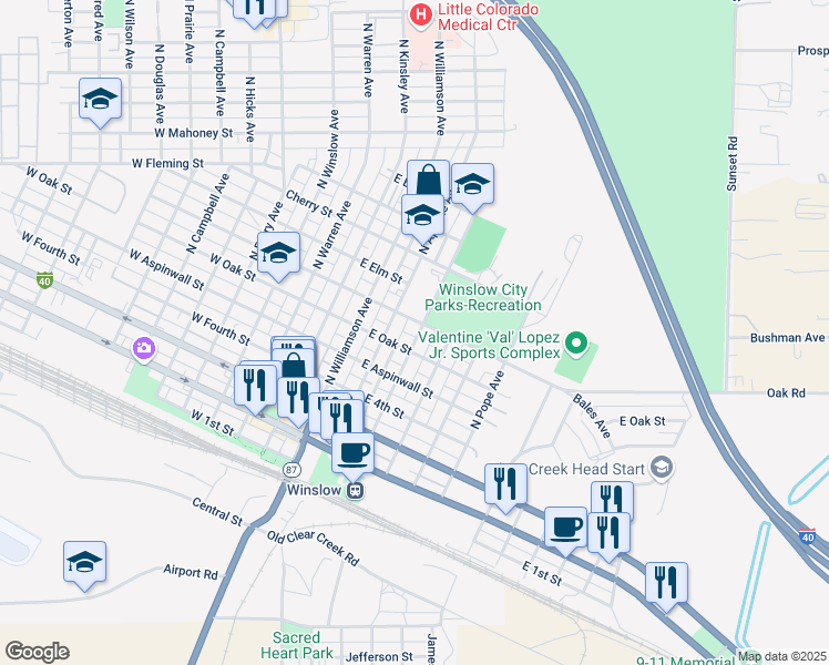 map of restaurants, bars, coffee shops, grocery stores, and more near 621 North Colorado Avenue in Winslow