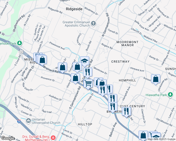 map of restaurants, bars, coffee shops, grocery stores, and more near 202 North Germantown Road in Chattanooga