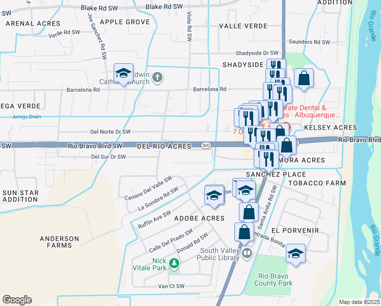 map of restaurants, bars, coffee shops, grocery stores, and more near 1832 Sausalito Drive Southwest in Albuquerque