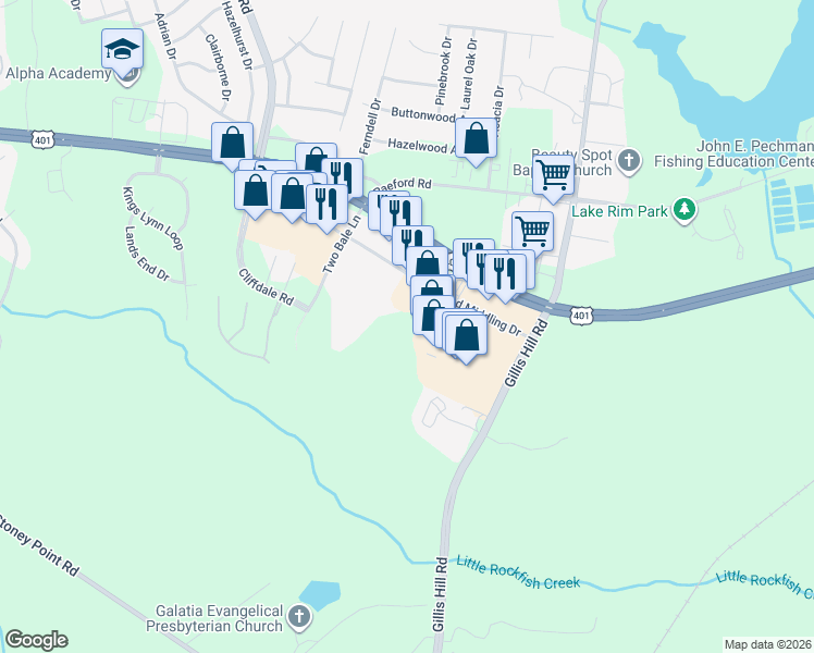 map of restaurants, bars, coffee shops, grocery stores, and more near 7737 Good Middling Drive in Fayetteville