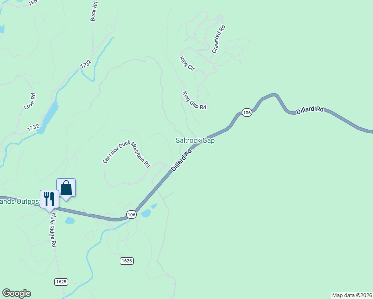 map of restaurants, bars, coffee shops, grocery stores, and more near 6558 Dillard Road in Scaly Mountain