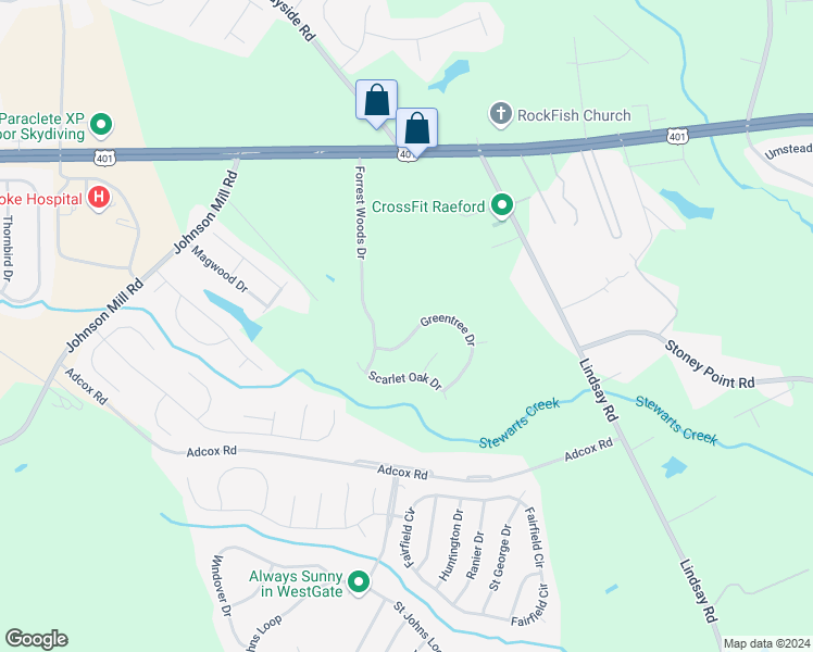map of restaurants, bars, coffee shops, grocery stores, and more near 209 Greentree Drive in Raeford