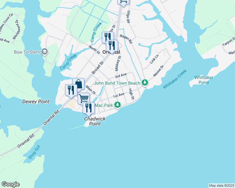 map of restaurants, bars, coffee shops, grocery stores, and more near 300 Freemason Street in Oriental