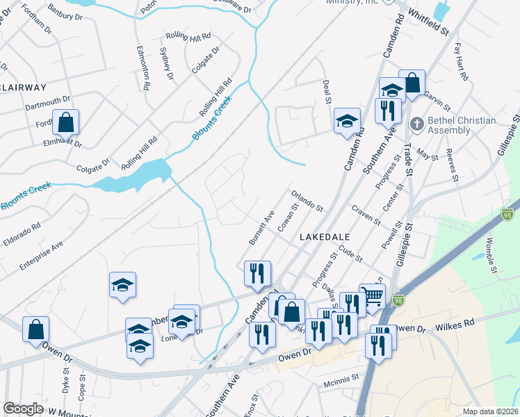 map of restaurants, bars, coffee shops, grocery stores, and more near 2009 Shedd Avenue in Fayetteville