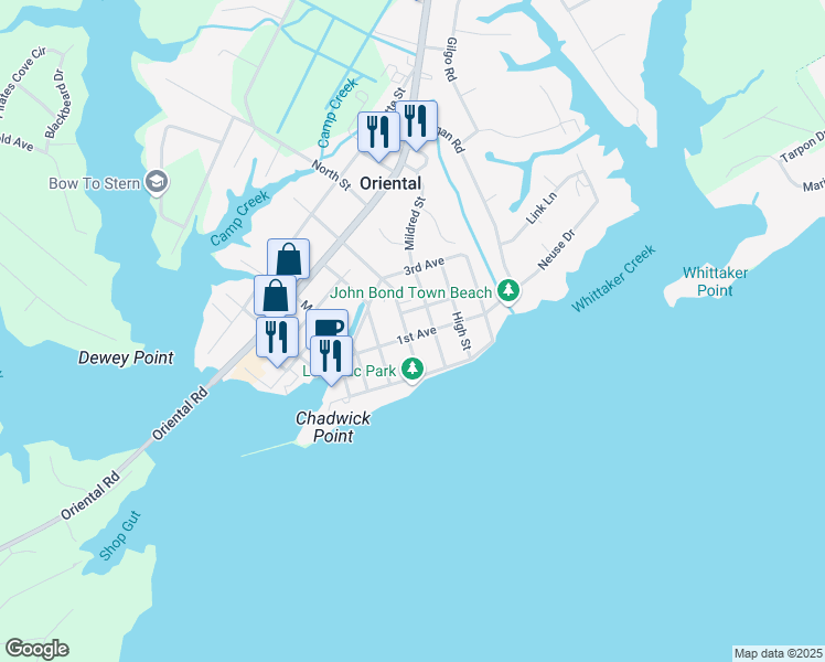map of restaurants, bars, coffee shops, grocery stores, and more near 300 Freemason Street in Oriental