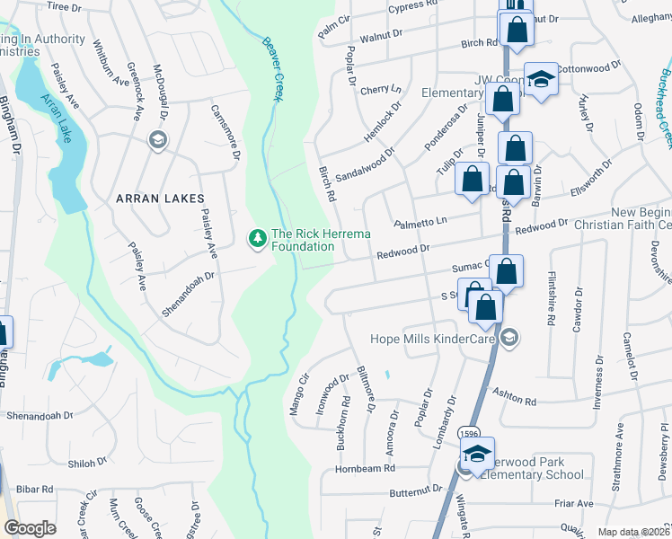 map of restaurants, bars, coffee shops, grocery stores, and more near 5311 Redwood Drive in Fayetteville