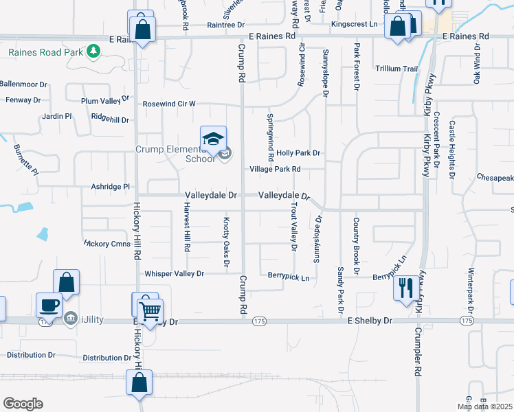 map of restaurants, bars, coffee shops, grocery stores, and more near 6131 Valleydale Drive in Memphis