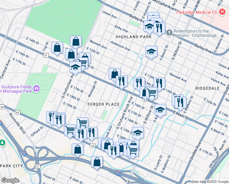 map of restaurants, bars, coffee shops, grocery stores, and more near 108 Morningside Drive in Chattanooga
