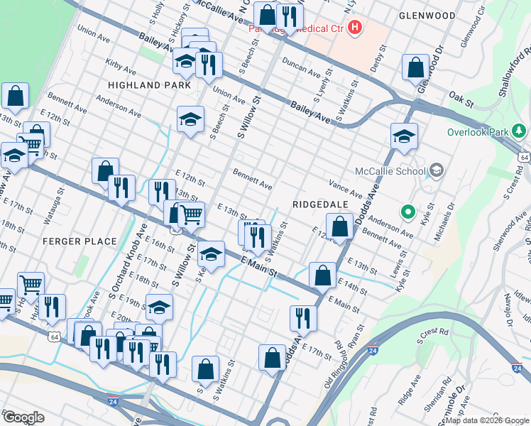 map of restaurants, bars, coffee shops, grocery stores, and more near 2212 East 12th Street in Chattanooga