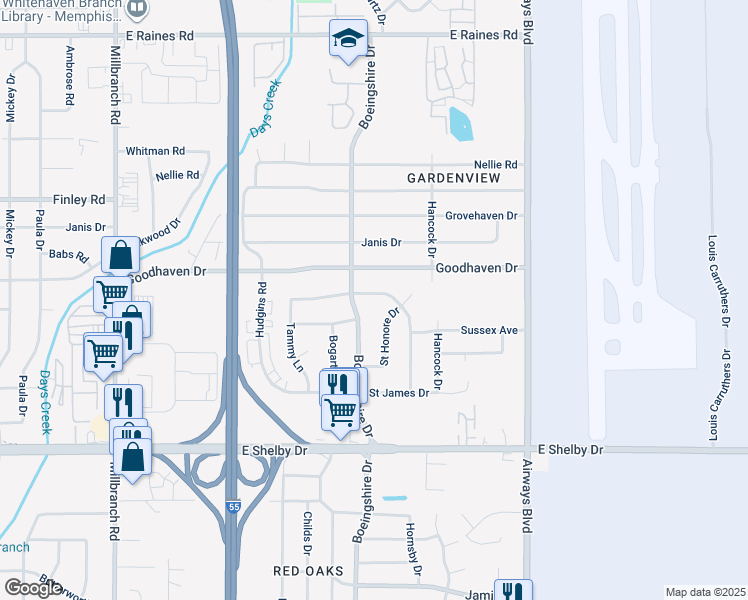 map of restaurants, bars, coffee shops, grocery stores, and more near 2021 Tammwood Drive in Memphis