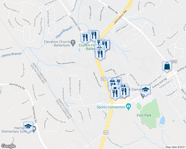 map of restaurants, bars, coffee shops, grocery stores, and more near 16208 Murphy Trail Lane in Charlotte