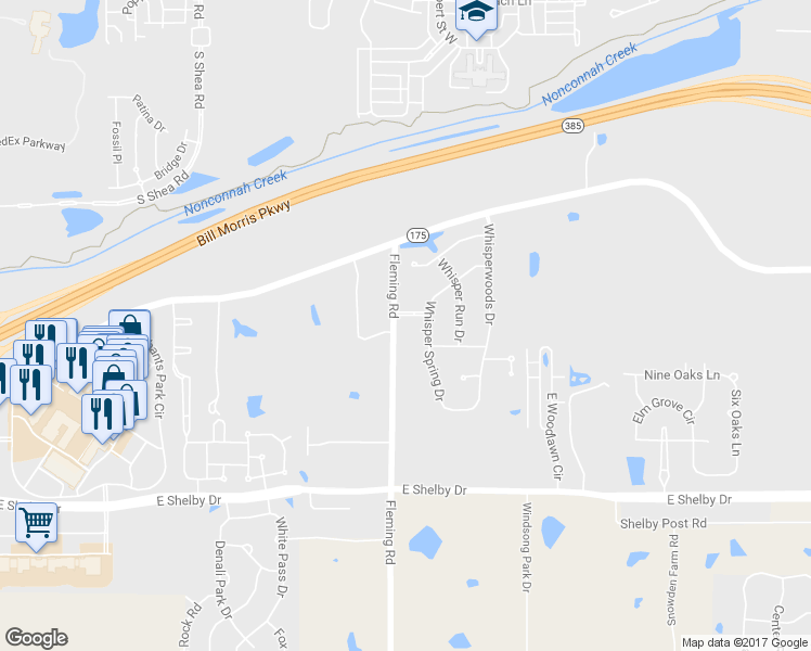map of restaurants, bars, coffee shops, grocery stores, and more near 4480 Fleming Road in Collierville