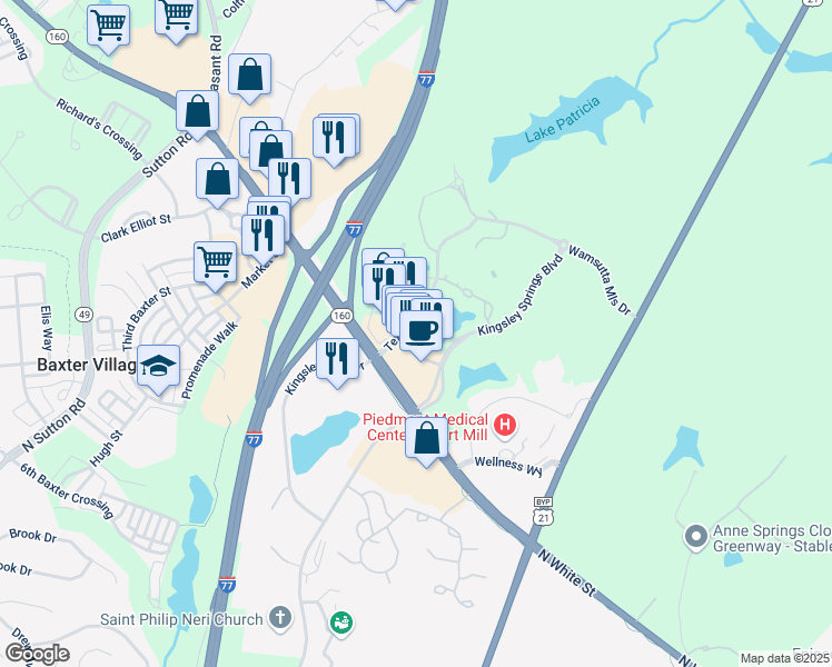 map of restaurants, bars, coffee shops, grocery stores, and more near 1342 Broadcloth Street in Fort Mill