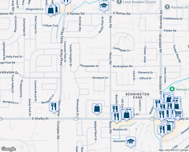 map of restaurants, bars, coffee shops, grocery stores, and more near 6620 Stockport Drive in Memphis