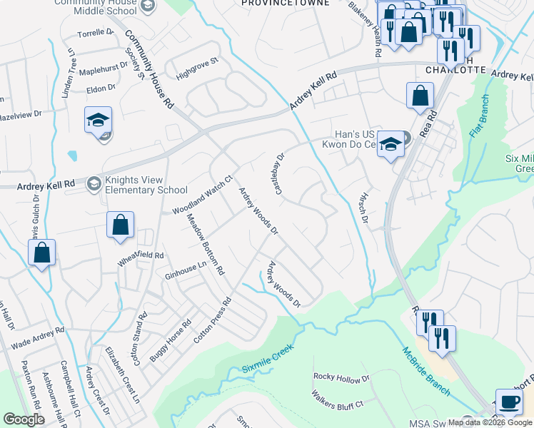 map of restaurants, bars, coffee shops, grocery stores, and more near 9726 Ardrey Woods Drive in Charlotte
