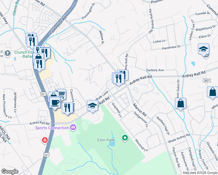 map of restaurants, bars, coffee shops, grocery stores, and more near 9638 Longstone Lane in Charlotte