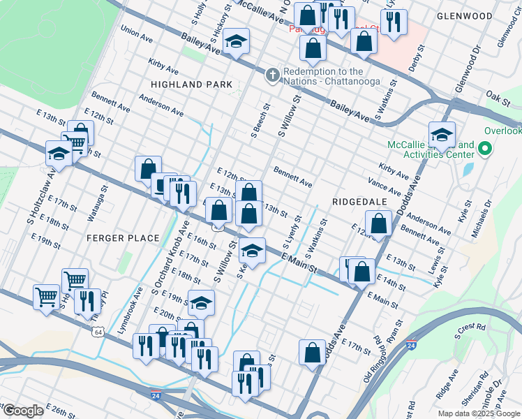 map of restaurants, bars, coffee shops, grocery stores, and more near 2113 East 13th Street in Chattanooga