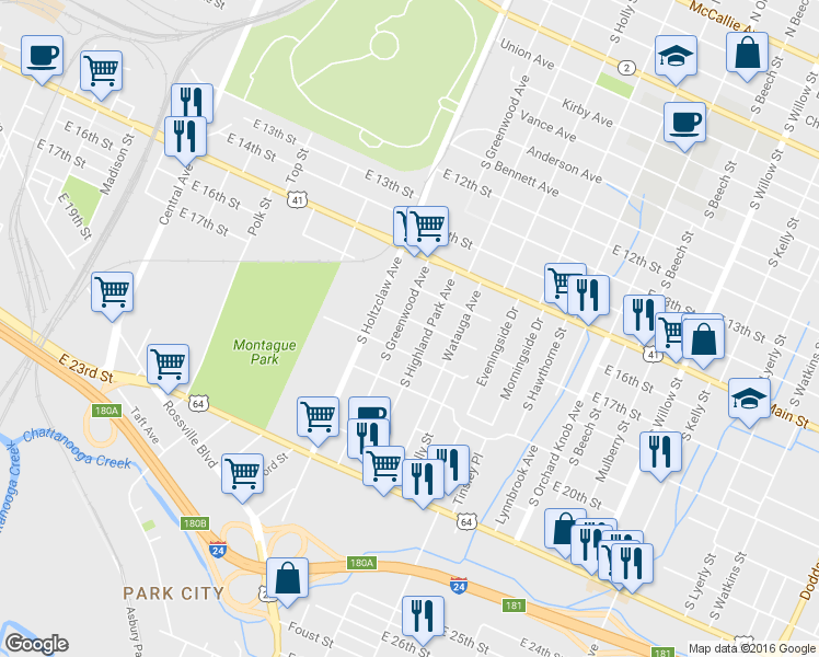 map of restaurants, bars, coffee shops, grocery stores, and more near 1703 South Greenwood Avenue in Chattanooga