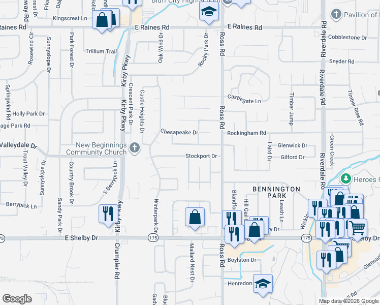 map of restaurants, bars, coffee shops, grocery stores, and more near 6619 Beaverlodge Drive in Memphis