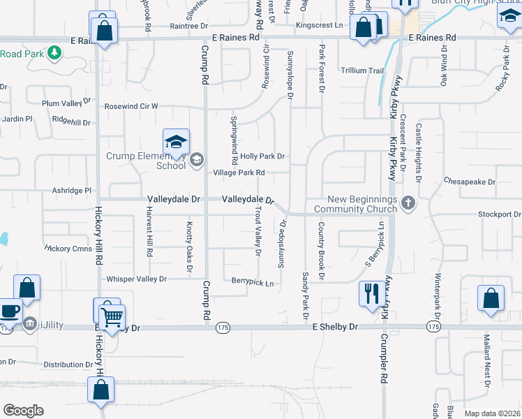 map of restaurants, bars, coffee shops, grocery stores, and more near 6227 Valleydale Drive in Memphis