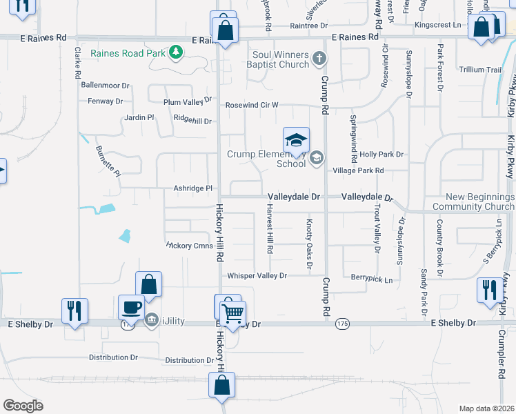 map of restaurants, bars, coffee shops, grocery stores, and more near 5997 Valleydale Drive in Memphis