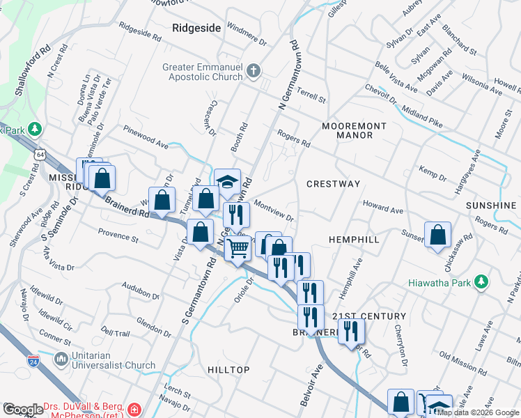 map of restaurants, bars, coffee shops, grocery stores, and more near 3606 Montview Drive in Chattanooga