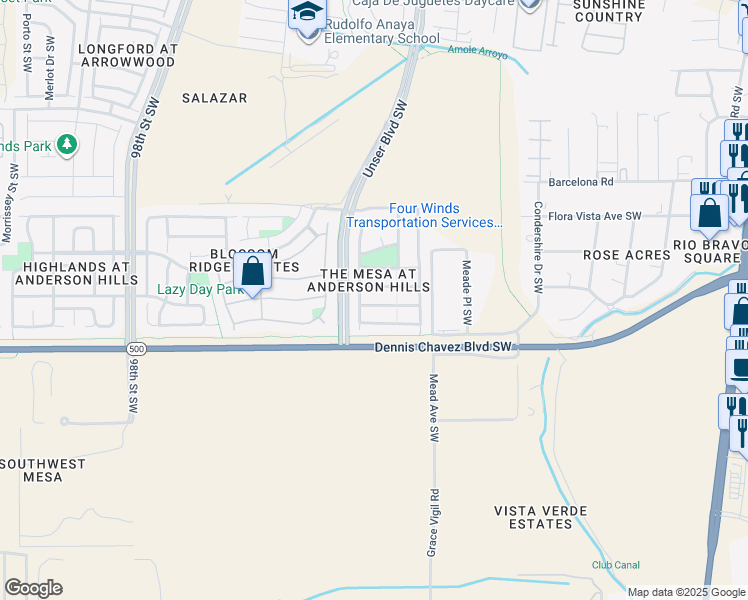 map of restaurants, bars, coffee shops, grocery stores, and more near 8519 Mesa Springs Avenue Southwest in Albuquerque