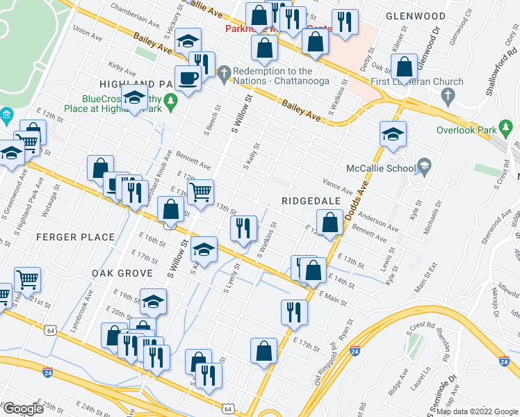 map of restaurants, bars, coffee shops, grocery stores, and more near 1204 South Lyerly Street in Chattanooga