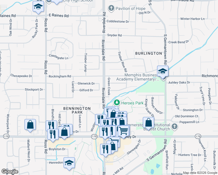 map of restaurants, bars, coffee shops, grocery stores, and more near 4464 Green Creek in Memphis