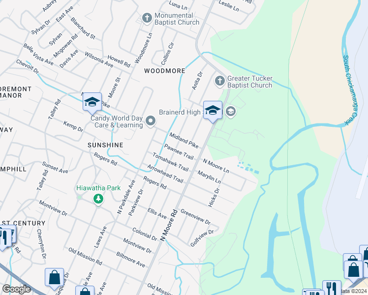 map of restaurants, bars, coffee shops, grocery stores, and more near 4808 Midland Pike in Chattanooga