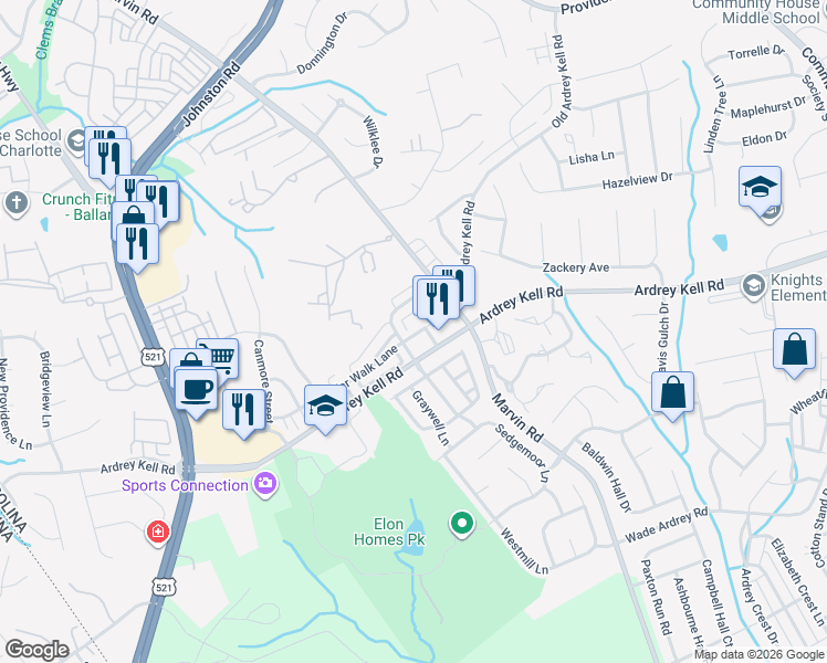 map of restaurants, bars, coffee shops, grocery stores, and more near 9638 Longstone Lane in Charlotte